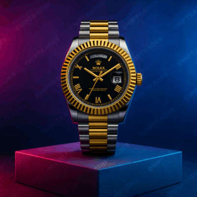 (524) (DS) ROLEX OYESTER PERPETUAL DATE JUST WATCH (BLACK+GOLD)DIAL & (SILVER+GOLD) BELT