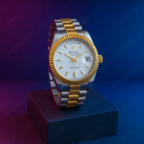 (524) (DS) ROLEX OYESTER PERPETUAL DAY-DATE WATCH (WHITE+GOLD)DIAL & (SILVER +GOLD)BELT
